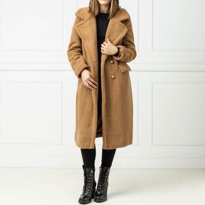 Guess Teddy Coat Brown Long Faux Sherling Double Breasted Size Large